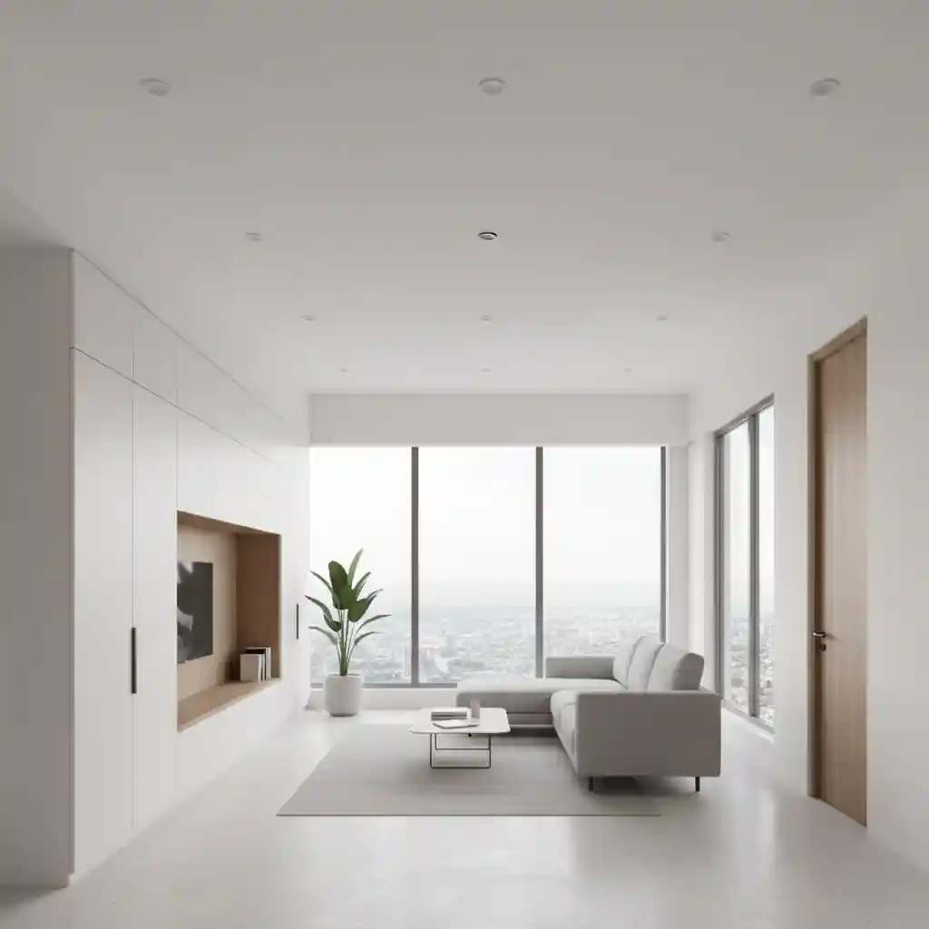 Contoh penerapan desain interior minimalis yang fungsional dan hemat biaya pada ruang tamu apartemen, menekankan prinsip less is more tanpa mengorbankan kualitas ruang-jasa interior jakarta splusa.id