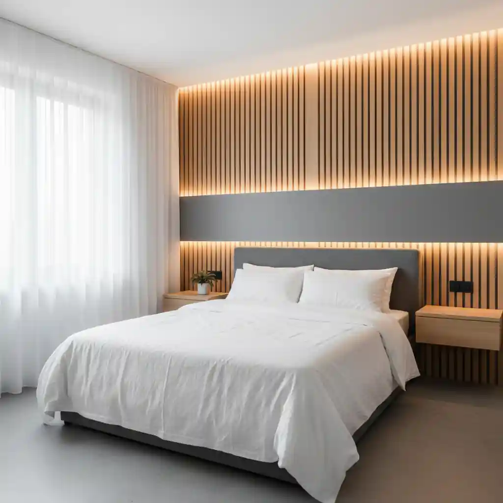 Desain backdrop kamar minimalis dengan aksen kayu dan lampu LED-kontraktor interior jakarta terpercaya splusa.id