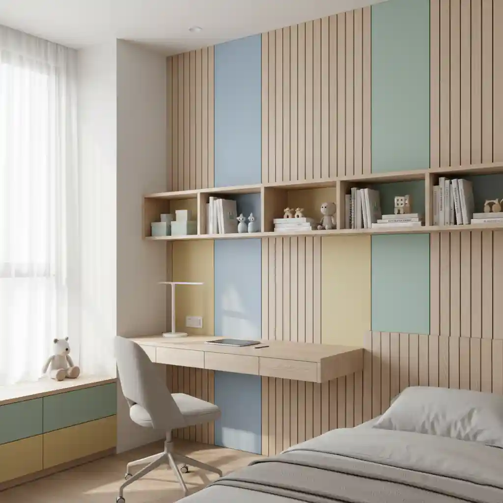 Desain backdrop kamar tidur anak dengan meja belajar terintegrasi-kontraktor interior jakarta terpercaya splusa.id