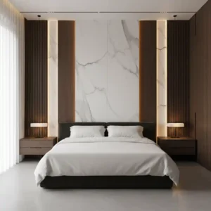 Desain backdrop kamar tidur mewah dengan kombinasi kayu dan marmer serta pencahayaan LED ambient karya SPlusA.id