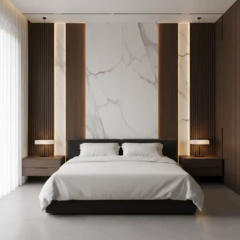 Desain backdrop kamar tidur mewah dengan kombinasi kayu dan marmer serta pencahayaan LED ambient karya SPlusA.id