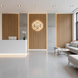 Desain backdrop kantor minimalis di area resepsionis dengan pencahayaan LED warm white -kontraktor interior kantor jakarta terpercaya splusa.id