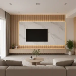 Desain backdrop minimalis modern untuk ruang keluarga dengan pencahayaan LED hidden lamp-kontraktor interior kantor jakarta terpercaya splusa.id