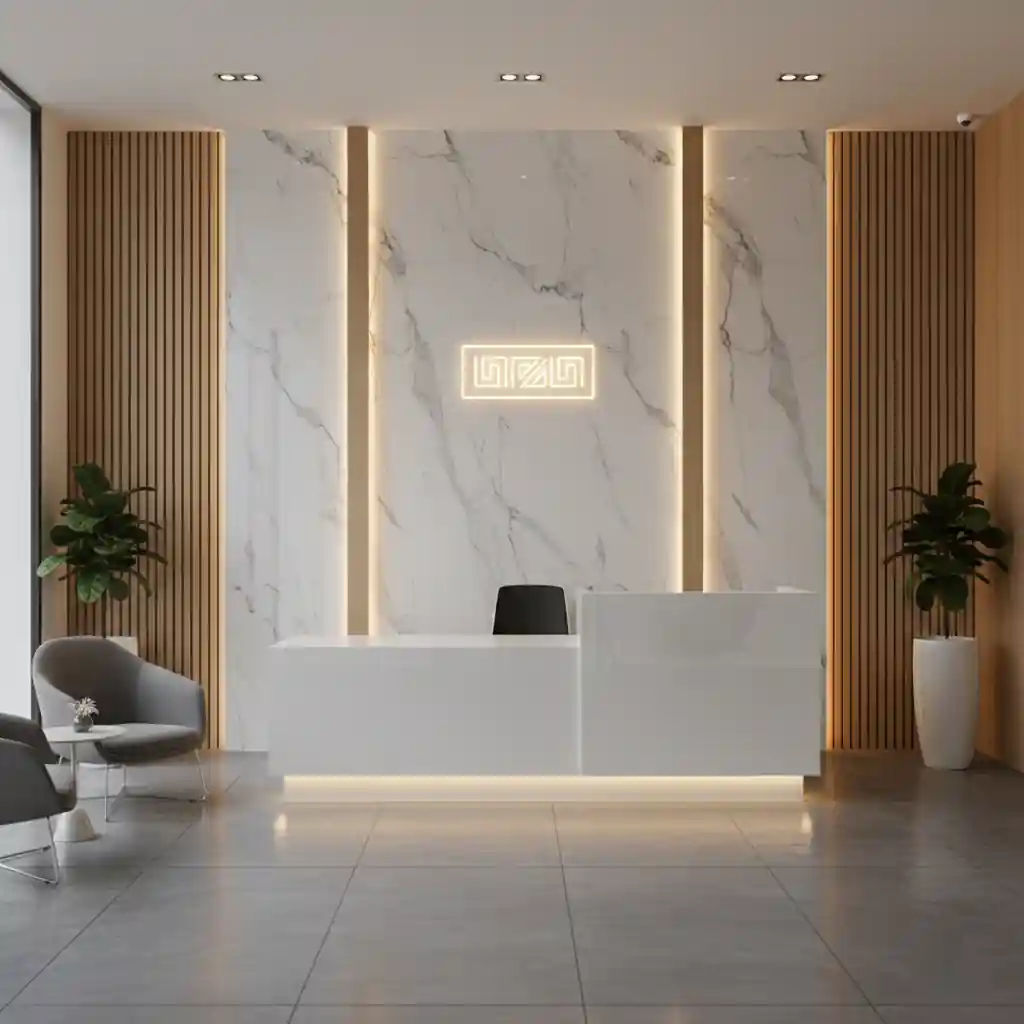 Desain backdrop resepsionis minimalis modern dengan aksen marmer dan kayu untuk kantor di Jakarta-kontraktor interior terpercaya splusa.id Desain backdrop resepsionis minimalis modern dengan aksen marmer dan kayu untuk kantor di Jakarta-kontraktor interior terpercaya splusa.id