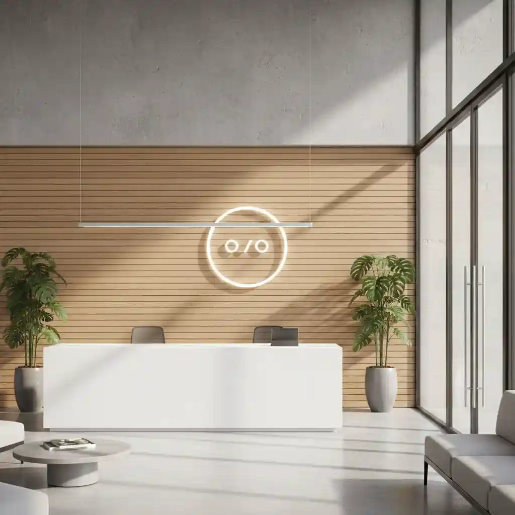 Desain backdrop resepsionis minimalis modern dengan nuansa elegan dan profesional karya SPlusA.id