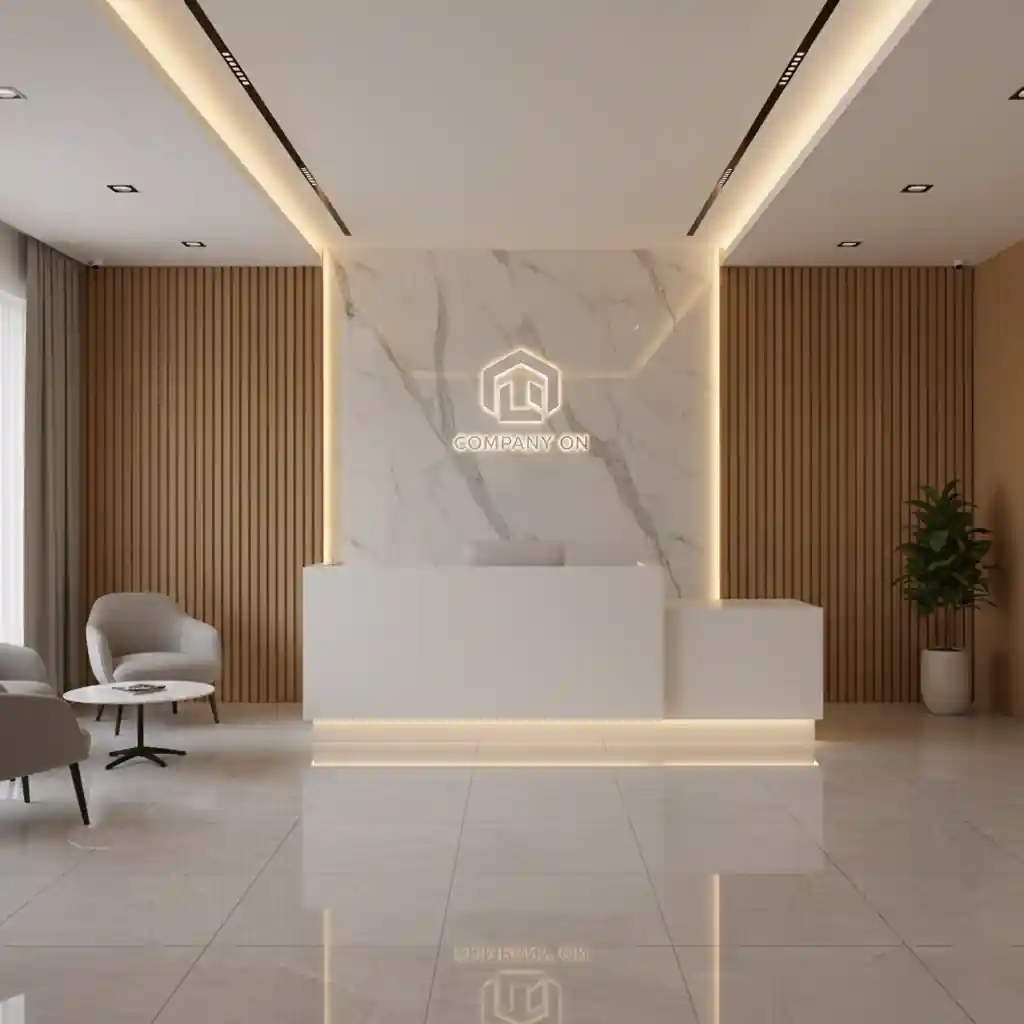 Desain backdrop resepsionis modern dengan aksen kayu dan marmer buatan SPlusA.id Desain backdrop resepsionis modern dengan aksen kayu dan marmer buatan SPlusA.id