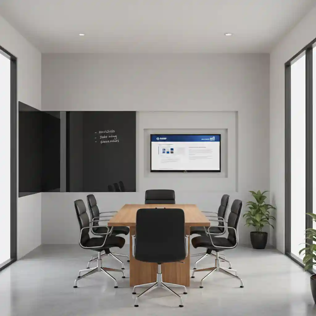 Desain backdrop ruang rapat minimalis dengan fungsi glassboard dan TV panel-kontraktor interior kantor jakarta terpercaya splusa.id