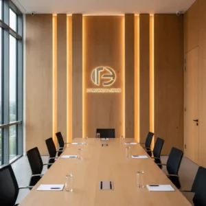 Desain backdrop ruang rapat minimalis material kayu dengan lampu LED tersembunyi-Backdrop Ruang Rapat Minimalis SPlusA.id