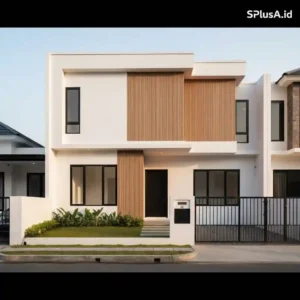 Desain eksterior rumah minimalis 2 lantai dengan pagar modern karya SPlusA.id