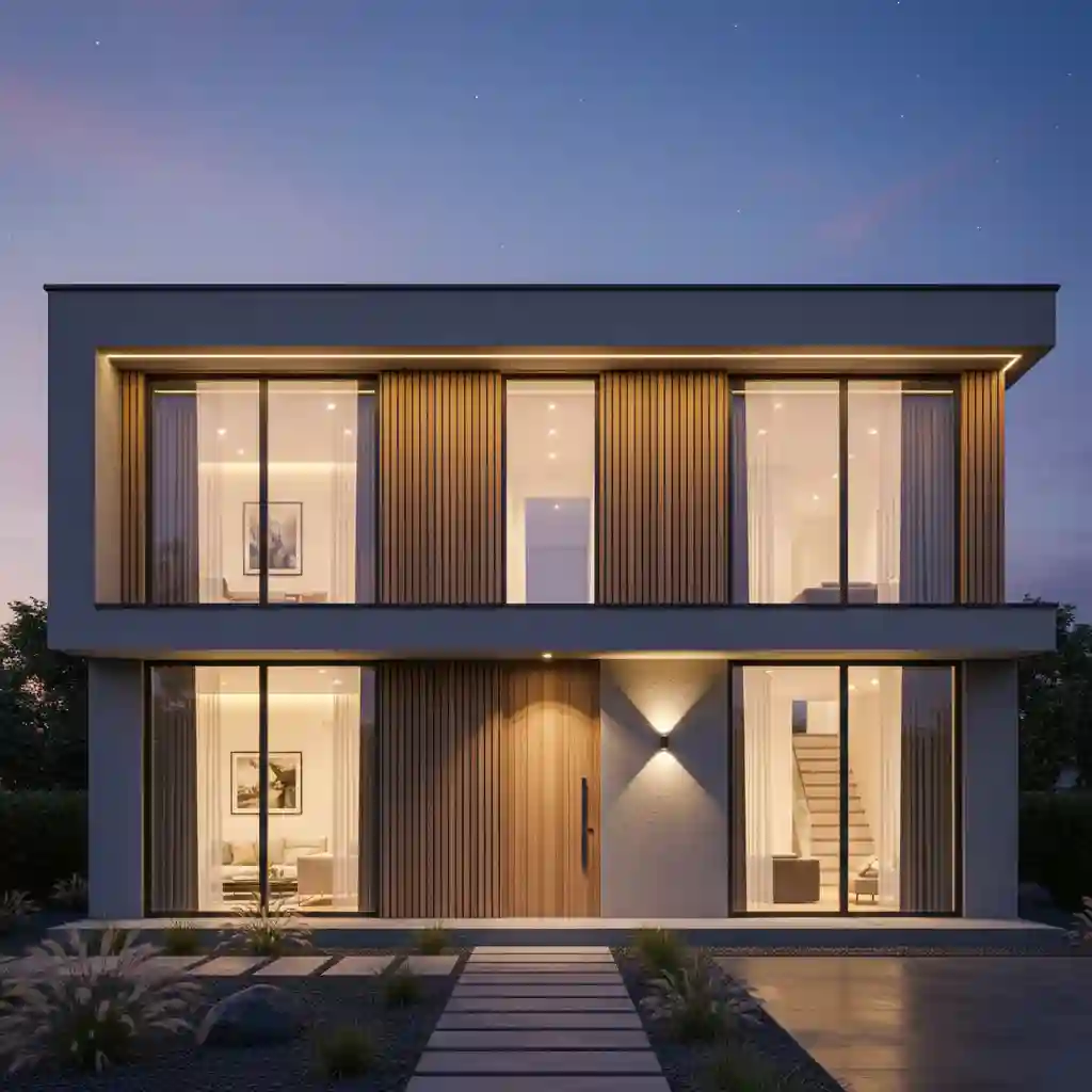 Desain eksterior rumah minimalis modern 2 lantai dengan pencahayaan hangat-kontraktor interior jakarta terpercaya splusa.id Desain eksterior rumah minimalis modern 2 lantai dengan pencahayaan hangat-kontraktor interior jakarta terpercaya splusa.id