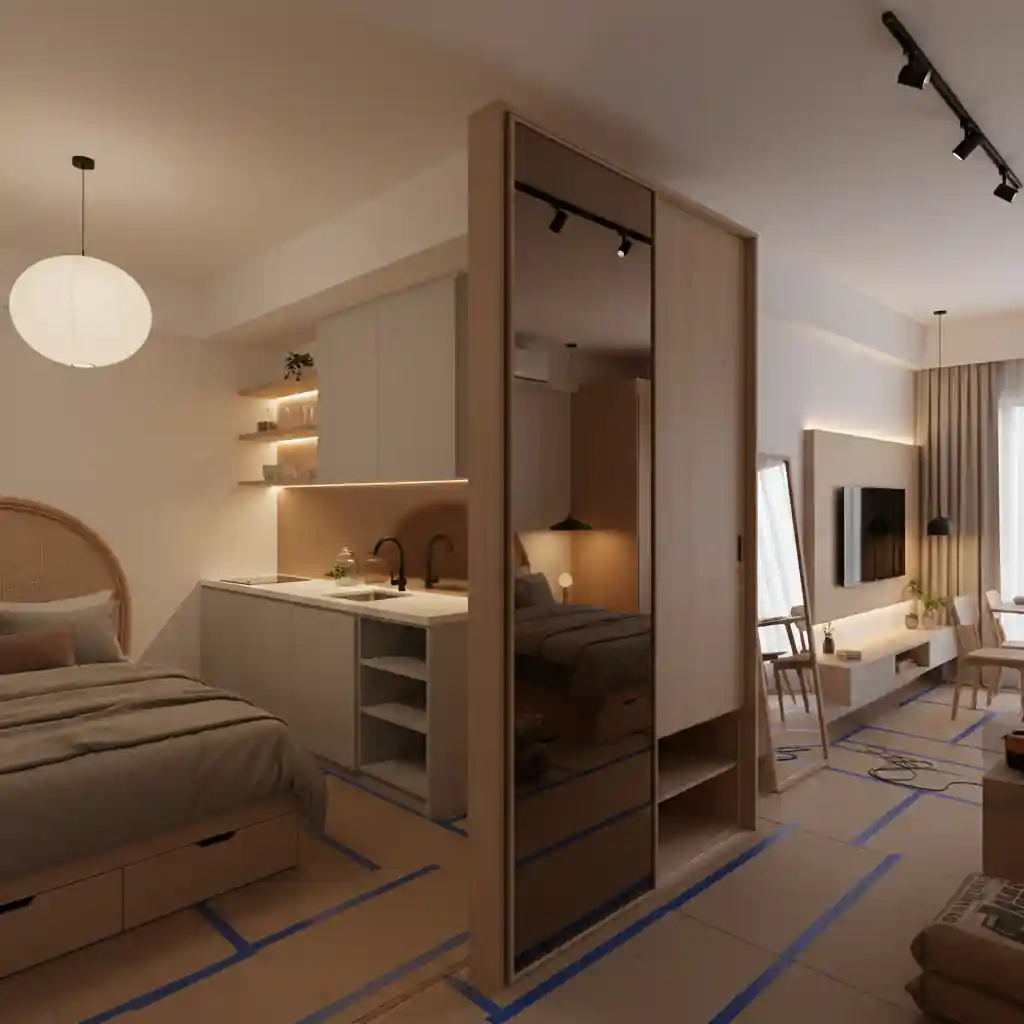 Desain interior apartemen studio minimalis konsep Japandi-kontraktor interior apartemen studio jakarta terpercaya splusa.id