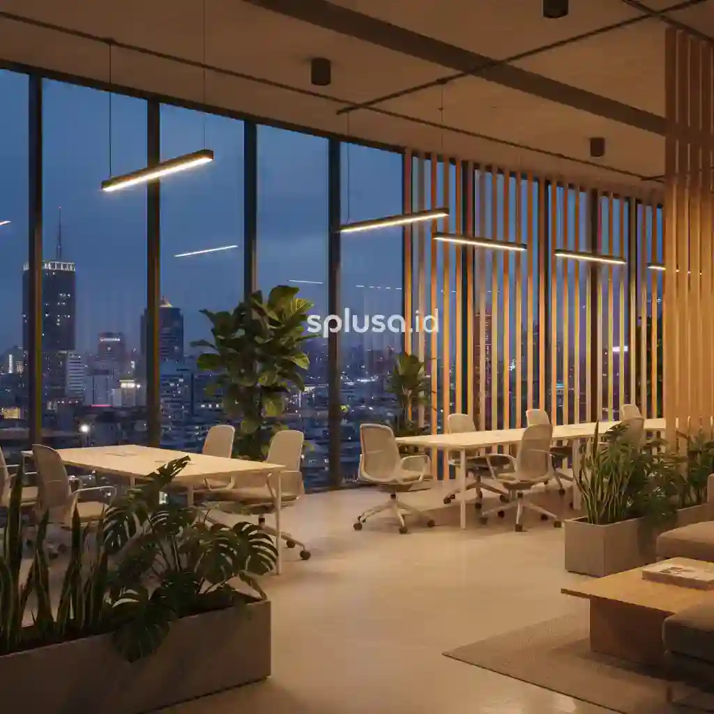 Desain interior kantor modern minimalis Jakarta dengan pencahayaan hangat dan layout open space-kontraktor interior splusa.id Desain interior kantor modern minimalis Jakarta dengan pencahayaan hangat dan layout open space-kontraktor interior splusa.id