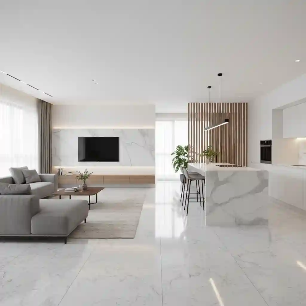 Desain interior open plan ruang tamu dan dapur gaya minimalis modern-jasa desain dan kontraktor interior splusa.id