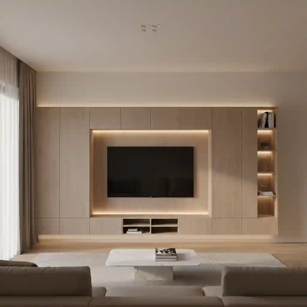 Desain interior ruang tamu minimalis dengan backdrop TV multifungsi-kontraktor interior jakarta terpercaya splusa.id Desain interior ruang tamu minimalis dengan backdrop TV multifungsi-kontraktor interior jakarta terpercaya splusa.id