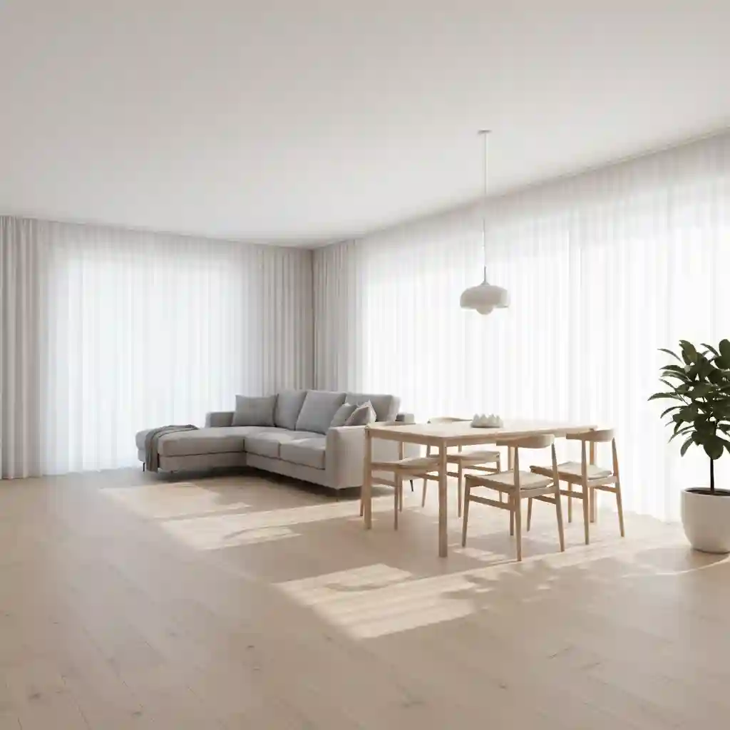 Desain interior ruang tamu minimalis open plan dengan pencahayaan alami Desain interior ruang tamu minimalis open plan dengan pencahayaan alami