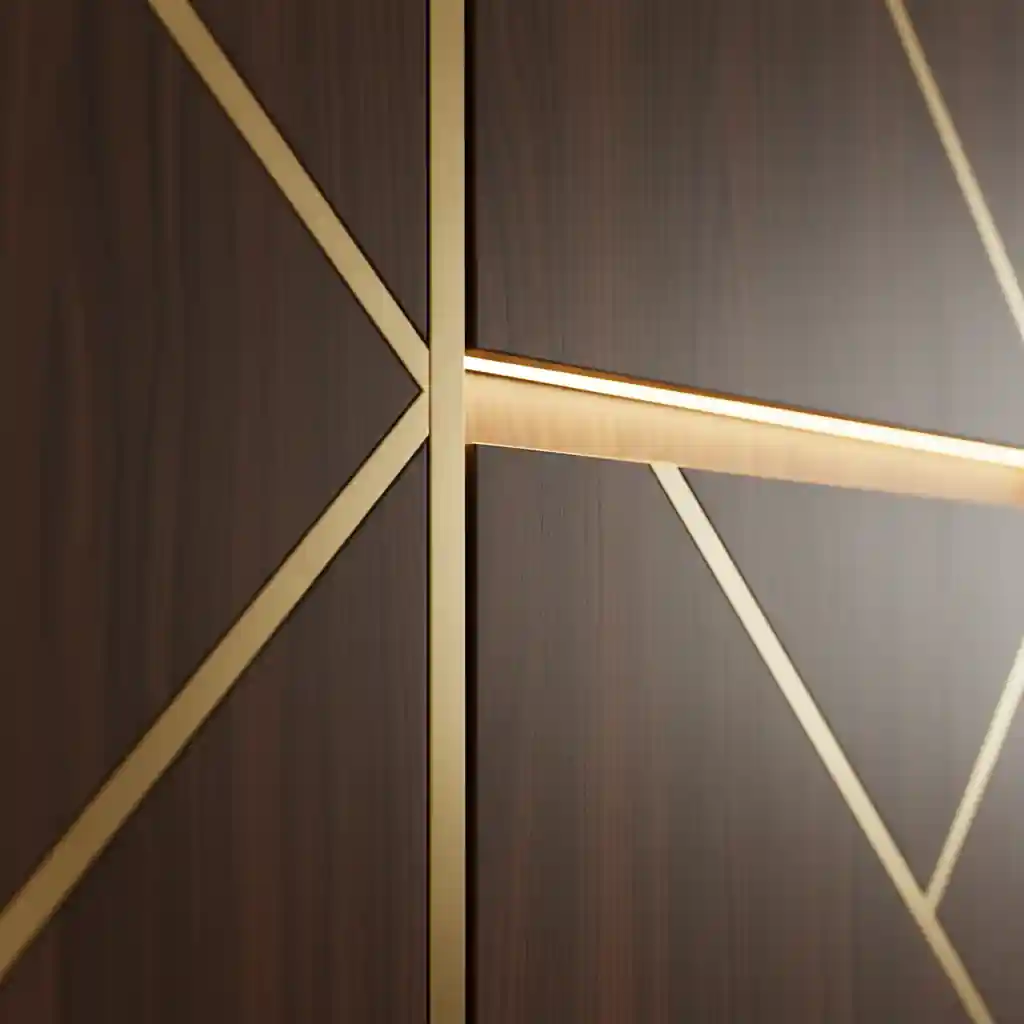 Detail material backdrop kantor HPL motif kayu dengan aksen gold stainless karya SPlusA.id-kontraktor interior kantor jakarta terpercaya splusa.id