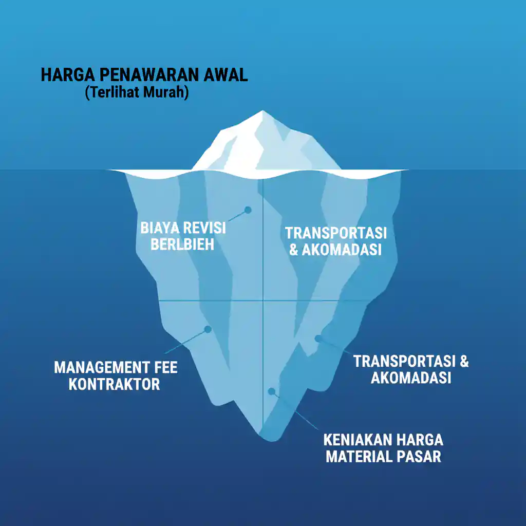 Infografis ilustrasi gunung es yang menggambarkan hidden cost atau biaya tersembunyi dalam proyek interior design yang sering tidak disadari di awal penawaran-jasa interior jakarta splusa.id