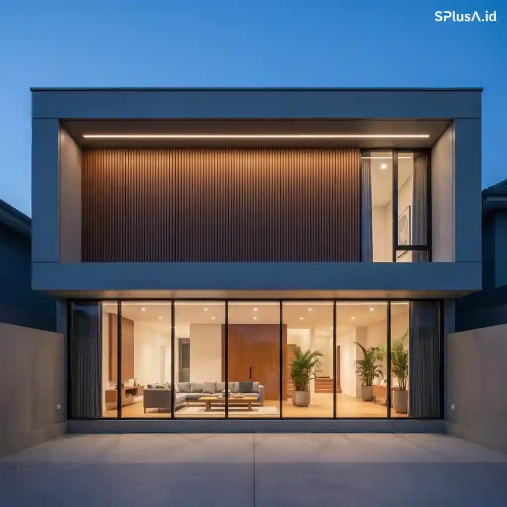 Inspirasi desain interior dan eksterior rumah minimalis modern dengan pencahayaan warm white dari SPlusA.id