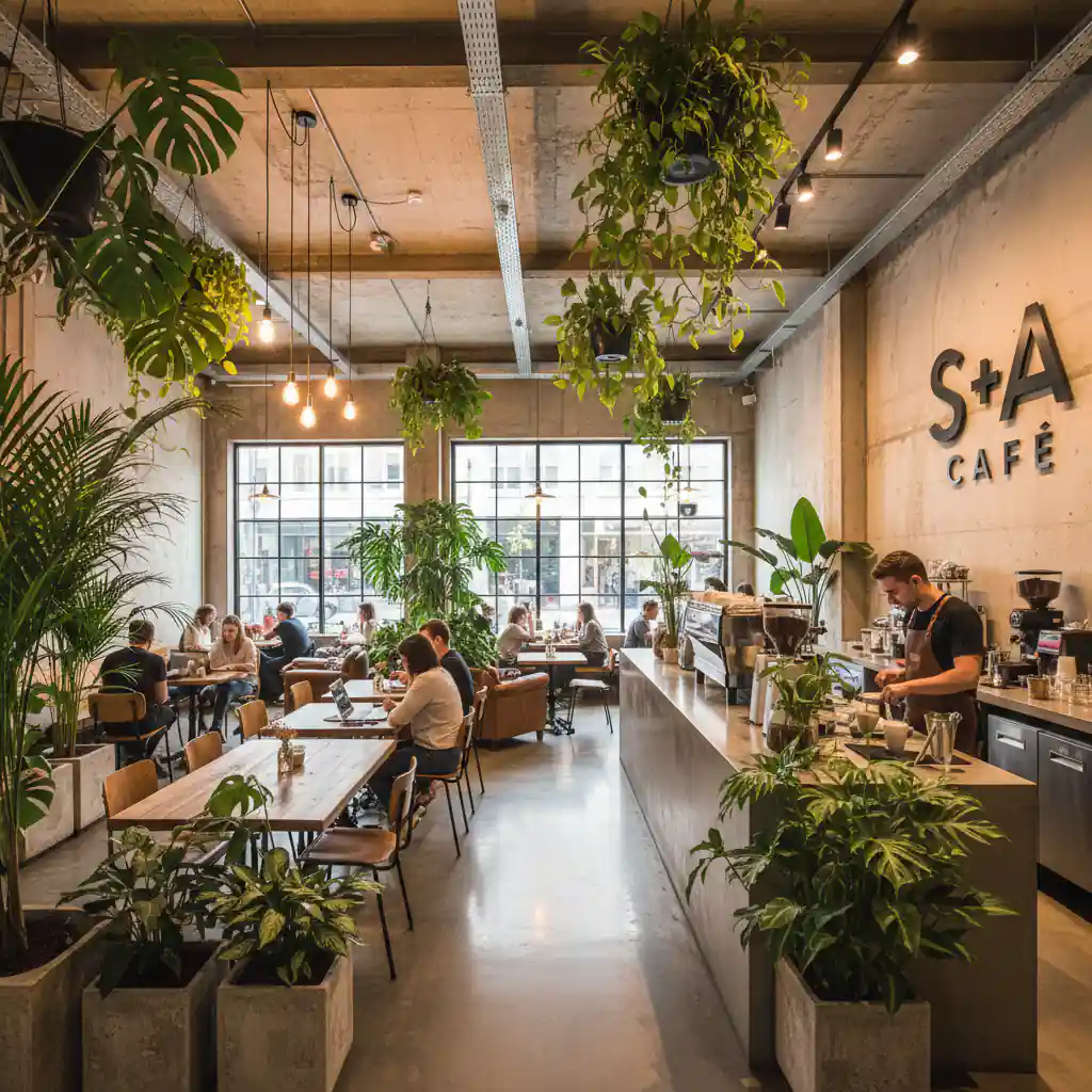 Interior cafe modern dengan konsep industrial tropical karya jasa dekorasi cafe-jasa interior dan kontraktor interior splusa.id Interior cafe modern dengan konsep industrial tropical karya jasa dekorasi cafe-jasa interior dan kontraktor interior splusa.id