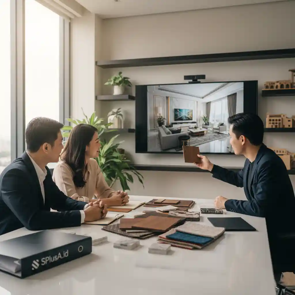 Konsultasi desain interior SPlusA mencocokkan render 3D dengan sampel material asli-kontraktor interior kantor terpercaya splusa.id