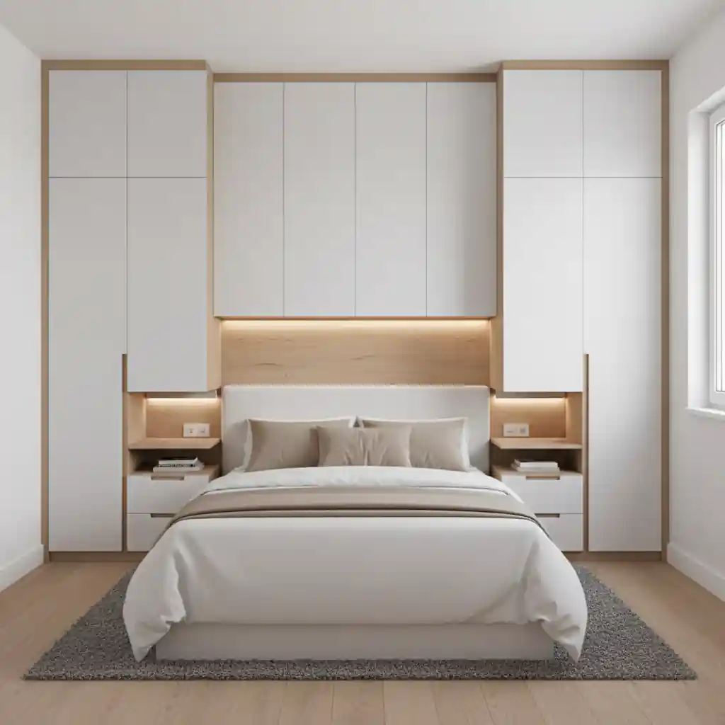 Model backdrop kamar tidur minimalis yang menyatu dengan lemari penyimpanan untuk kamar sempit-kontraktor interior jakarta terpercaya splusa.id