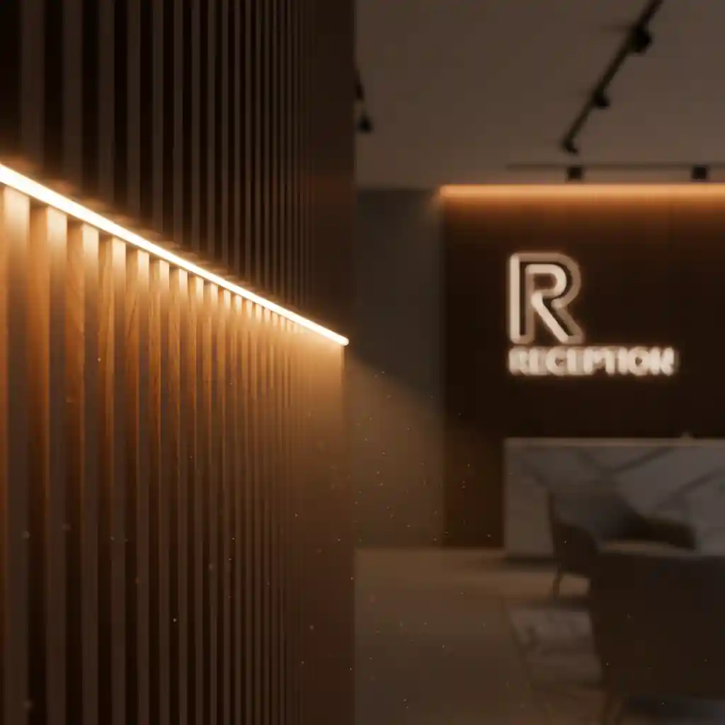 Penerapan hidden LED strip pada backdrop resepsionis kayu-kontraktor interior kantor jakarta terpercaya splusa.id Penerapan hidden LED strip pada backdrop resepsionis kayu-kontraktor interior kantor jakarta terpercaya splusa.id