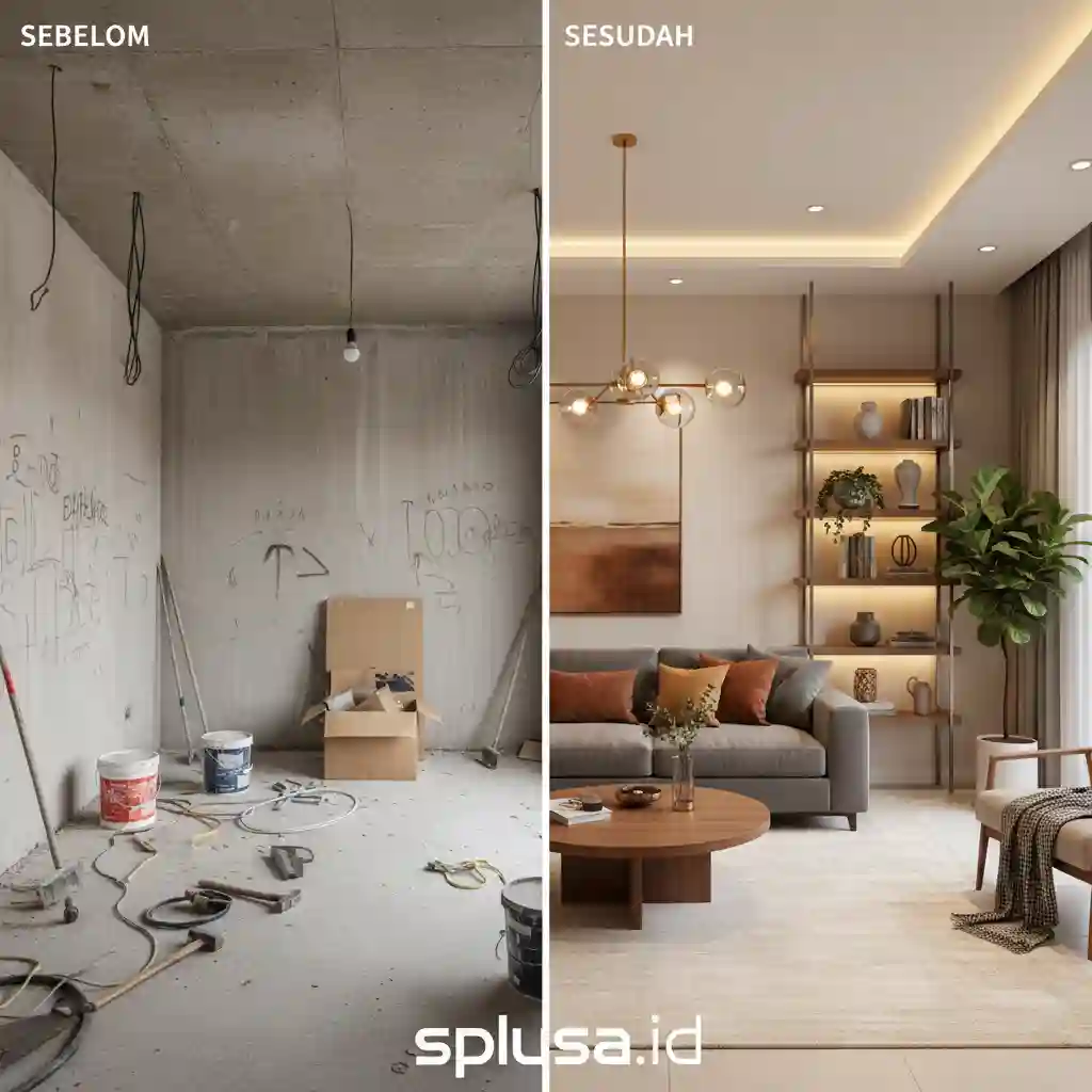 Perbandingan ruangan sebelum dan sesudah desain interior oleh splusa.id Perbandingan ruangan sebelum dan sesudah desain interior oleh splusa.id