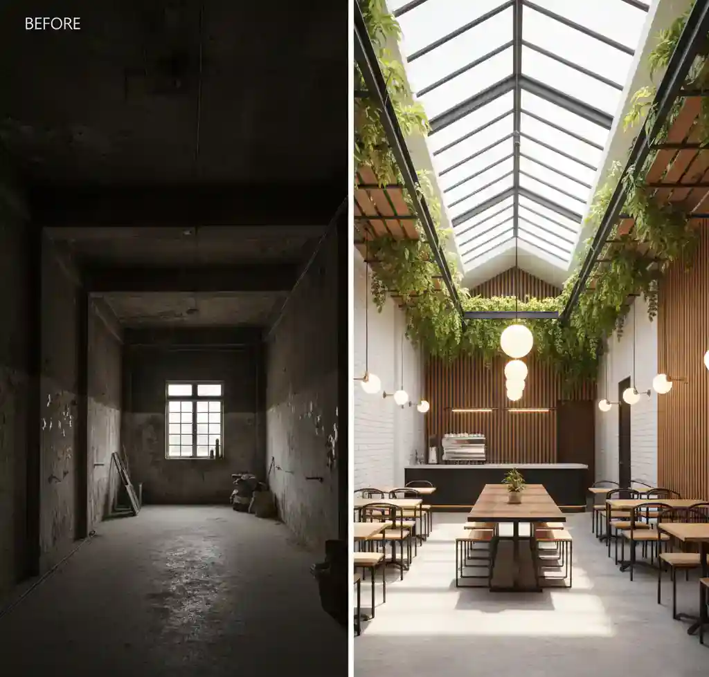 Perbandingan ruko lama dan desain 3D cafe industrial tropical-kontraktor interior kantor terpercaya splusa.id