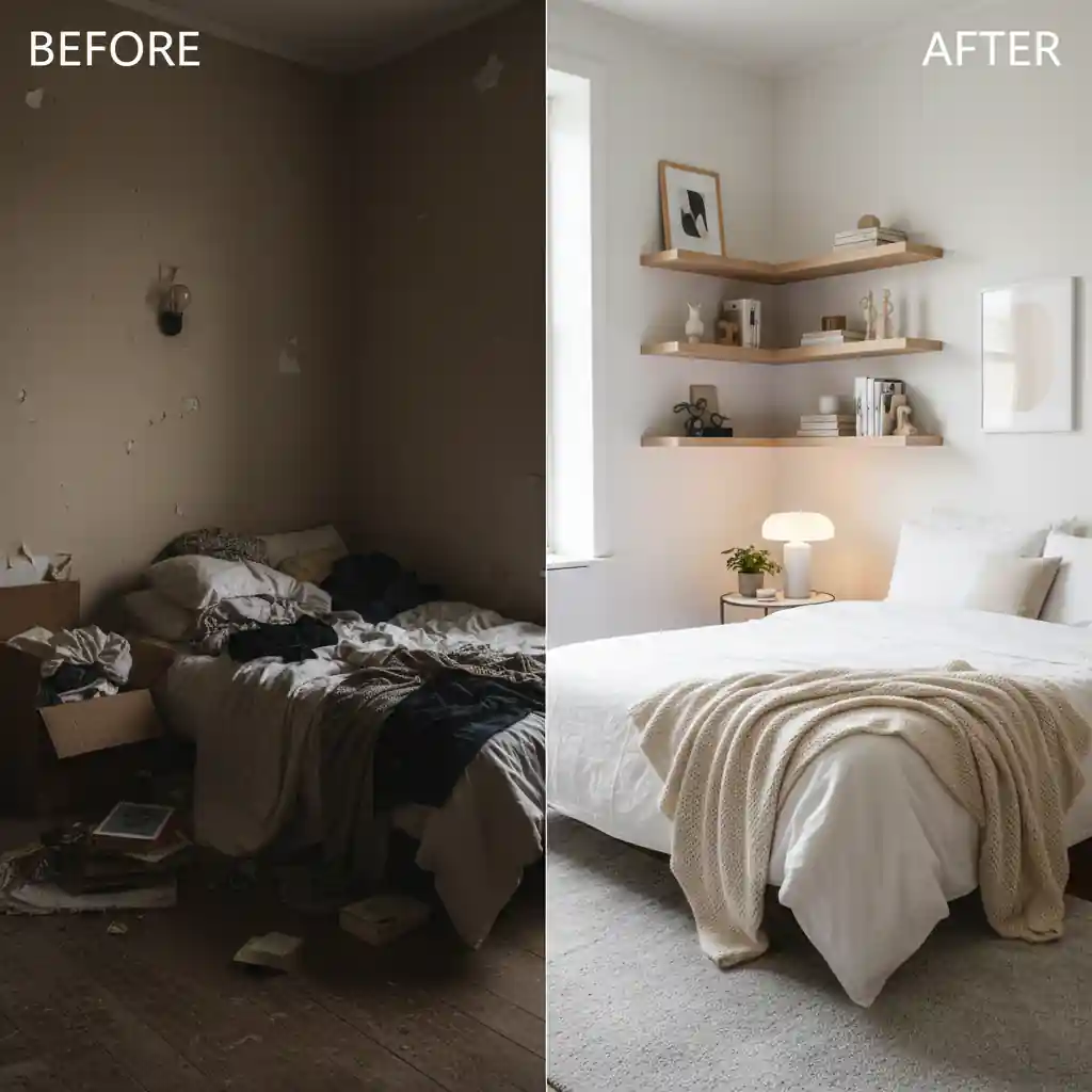 Perbandingan sebelum dan sesudah menggunakan jasa dekorasi kamar tidur-kontraktor interior rumah jakarta terpercaya splusa.id Perbandingan sebelum dan sesudah menggunakan jasa dekorasi kamar tidur-kontraktor interior rumah jakarta terpercaya splusa.id