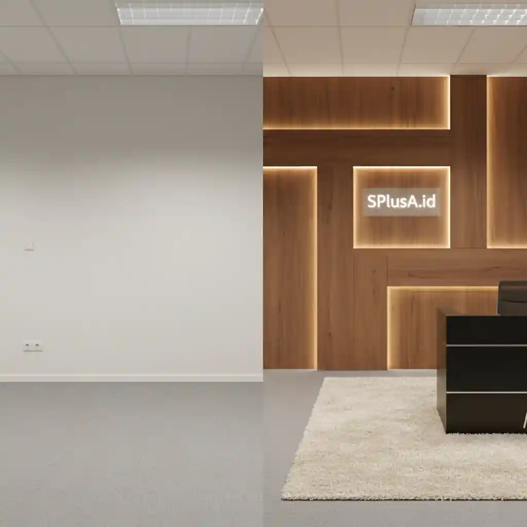 Perbandingan sebelum dan sesudah pemasangan backdrop resepsionis kantor minimalis-kontraktor interior jakarta terpercaya splusa.id Perbandingan sebelum dan sesudah pemasangan backdrop resepsionis kantor minimalis-kontraktor interior jakarta terpercaya splusa.id