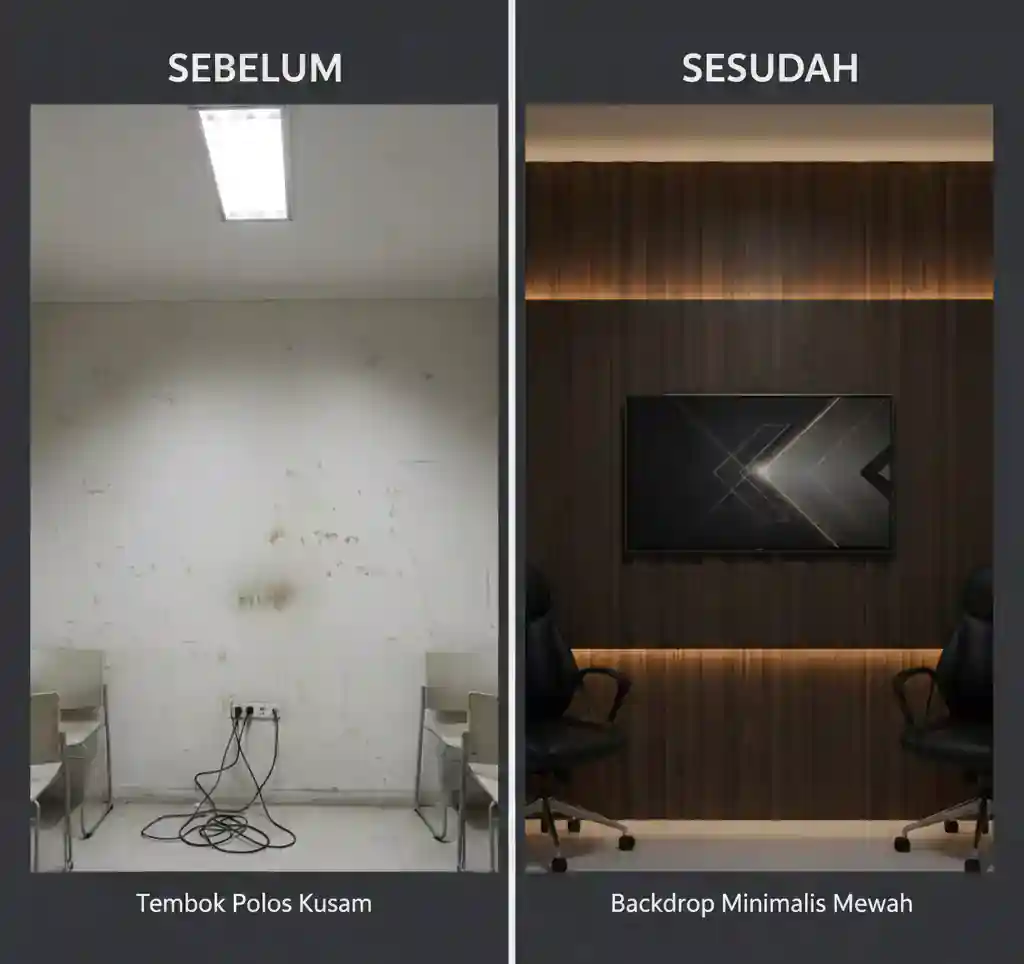 Perbandingan sebelum dan sesudah renovasi backdrop ruang rapat kantor di Jakarta-Backdrop Ruang Rapat Minimalis SPlusA.id