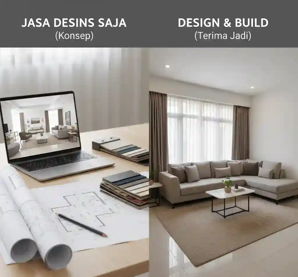 Perbandingan visual antara output jasa desain interior saja (gambar kerja dan 3D) versus layanan design and build yang sudah selesai terbangun oleh kontraktor-jasa interior jakarta splusa.id