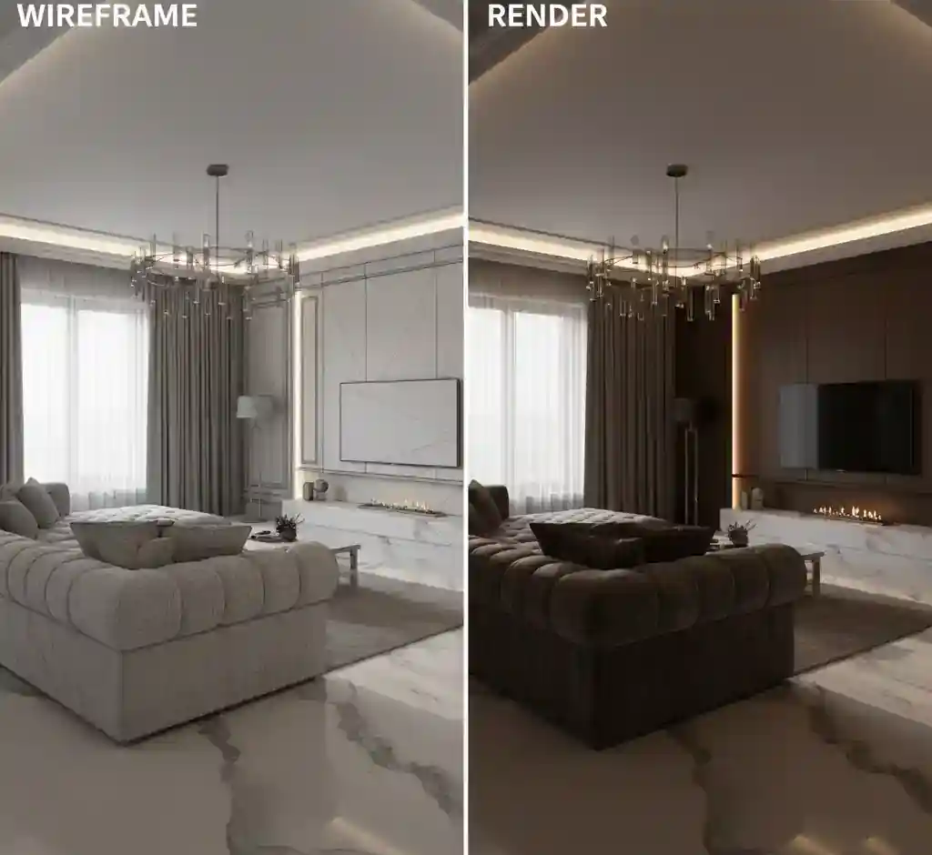 Perbandingan wireframe 3D dan hasil render desain interior realistik-kontraktor interior kantor terpercaya splusa.id