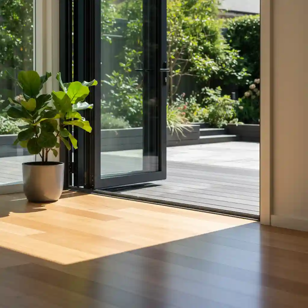 Pintu lipat kaca menghubungkan interior dan eksterior rumah minimalis Pintu lipat kaca menghubungkan interior dan eksterior rumah minimalis