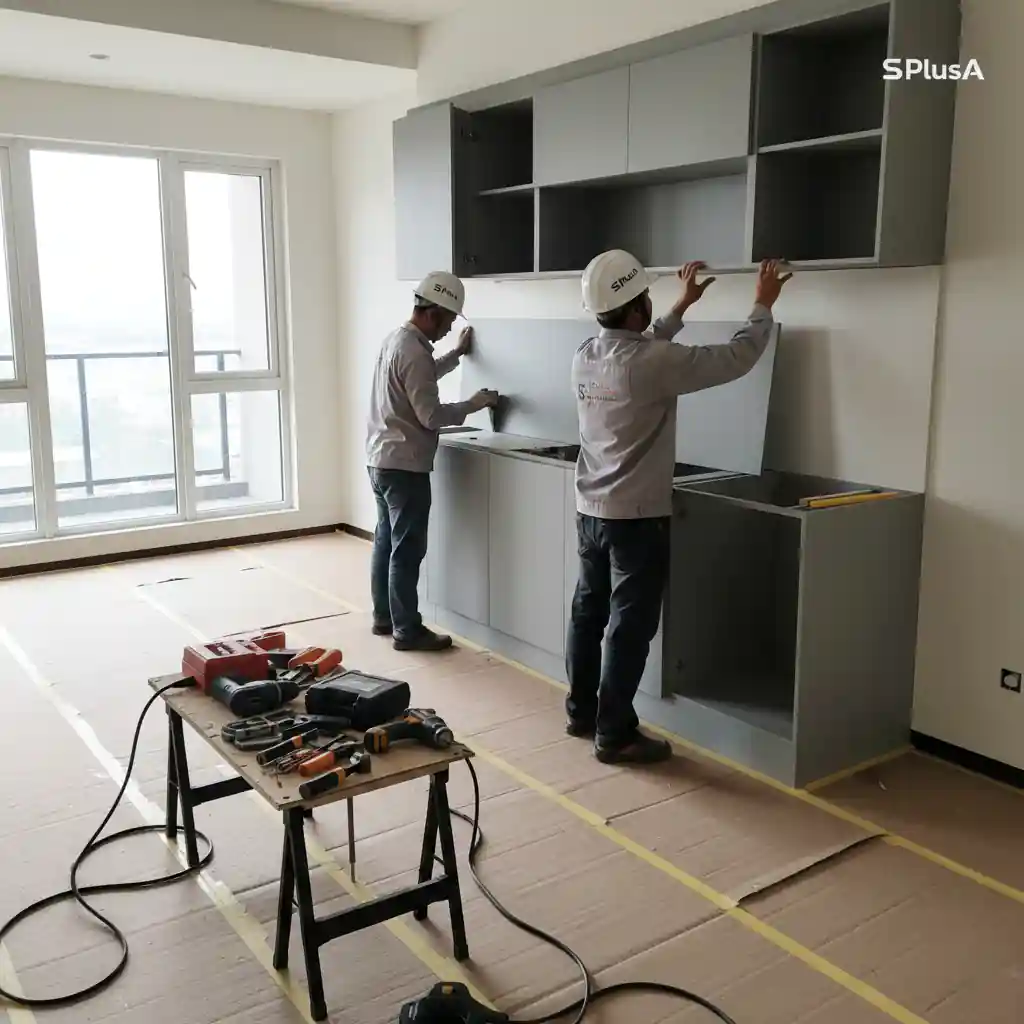Proses instalasi interior apartemen oleh tim profesional-kontraktor interior apartemen studio jakarta terpercaya splusa.id