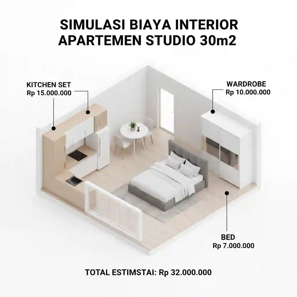 Simulasi hitungan biaya interior apartemen studio 30m2-kontraktor interior splusa.id Simulasi hitungan biaya interior apartemen studio 30m2-kontraktor interior splusa.id