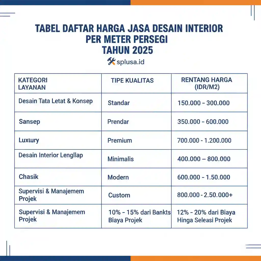 Tabel daftar harga jasa desain interior per meter persegi tahun 2025 splusa.id Tabel daftar harga jasa desain interior per meter persegi tahun 2025 splusa.id