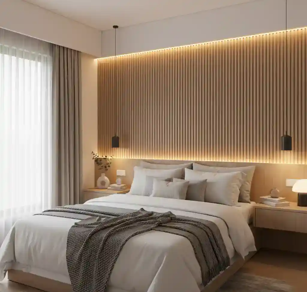 Tampilan akhir renovasi kamar tidur dengan backdrop estetik modern karya SPlusA.id yang siap huni-kontraktor interior jakarta terpercaya splusa.id