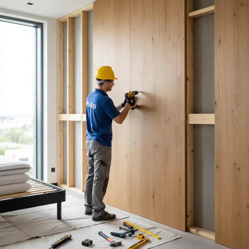 Teknisi SPlusA.id sedang melakukan instalasi backdrop kamar-kontraktor interior jakarta terpercaya splusa.id