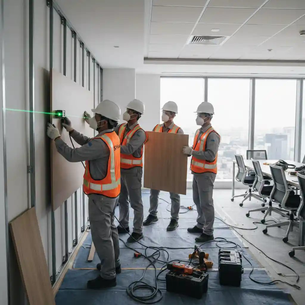 Tim kontraktor interior Jakarta SPlusA.id sedang memasang backdrop ruang rapat Minimalis