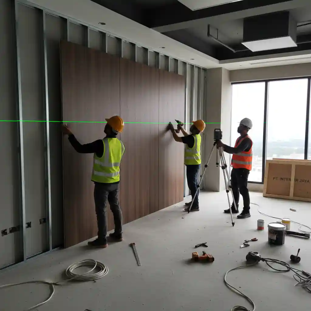 Tim kontraktor interior Jakarta sedang memasang backdrop ruang rapat presisi-kontraktor interior jakarta terpercaya splusa.id Tim kontraktor interior Jakarta sedang memasang backdrop ruang rapat presisi-kontraktor interior jakarta terpercaya splusa.id