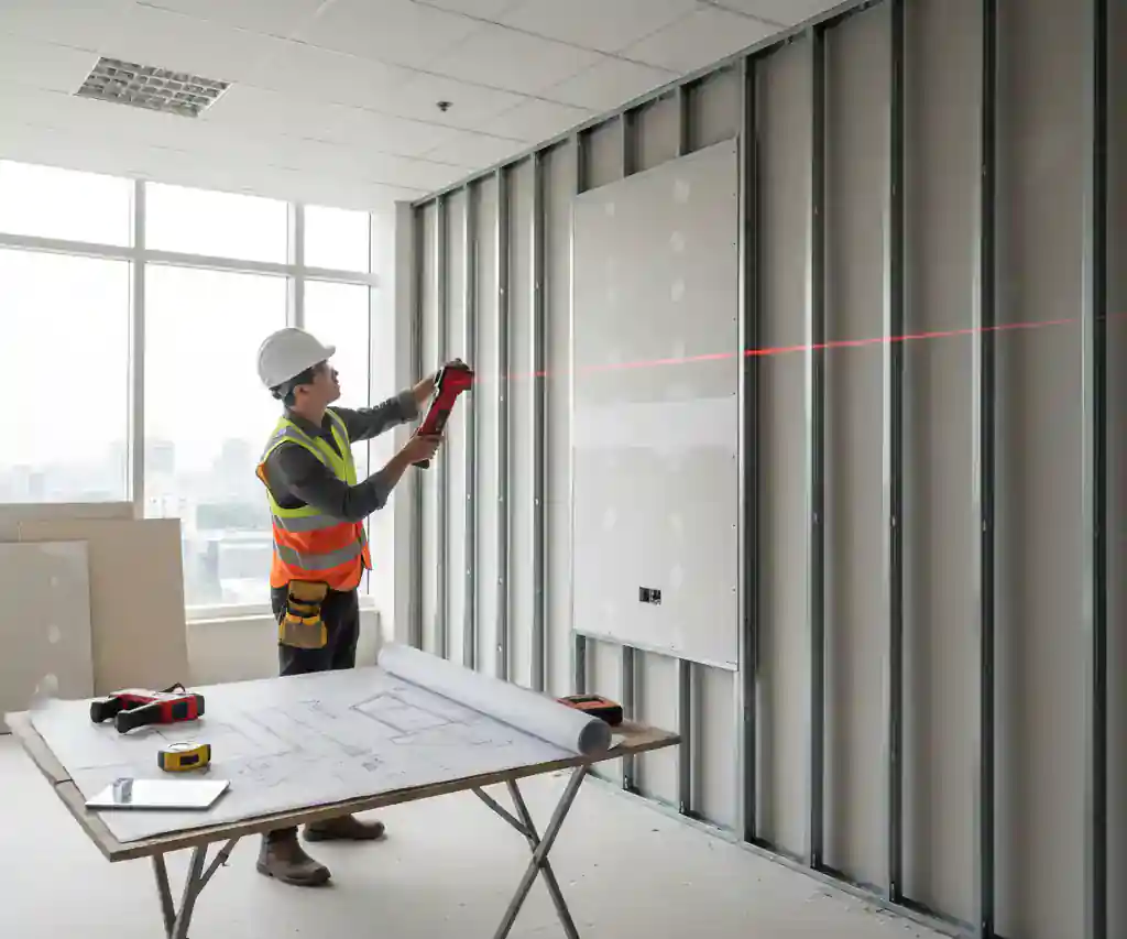 Tim kontraktor interior mengukur dinding untuk estimasi biaya pasang backdrop minimalis-kontraktor interior kantor jakarta terpercaya splusa.id