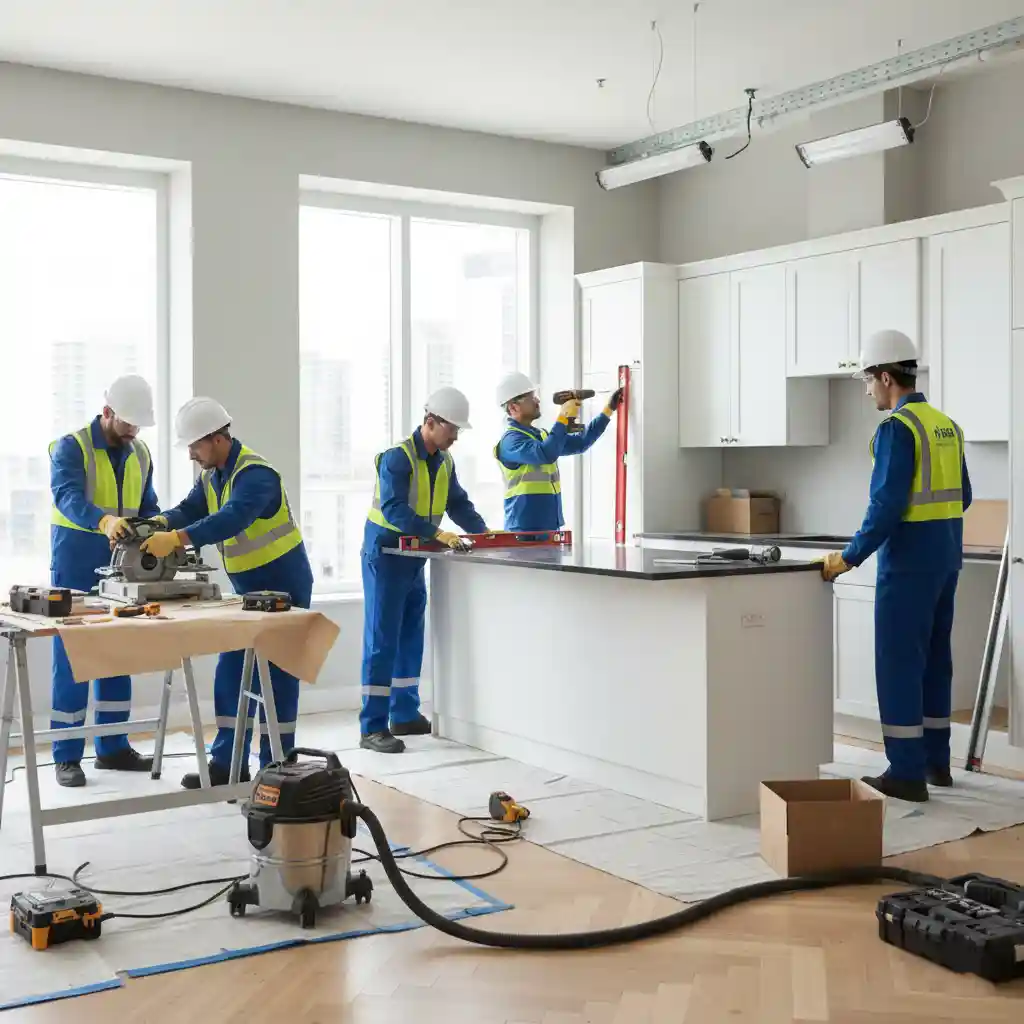 Tim teknisi interior prfesional SPlusA.id sedang melakukan instalasi kitchen set apartemen Tim teknisi interior prfesional SPlusA.id sedang melakukan instalasi kitchen set apartemen