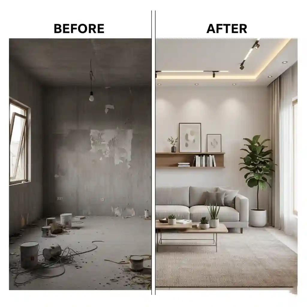 Transformasi ruangan sebelum dan sesudah menggunakan jasa desain interior rumah minimalis murah-kontraktor interior jakarta terpercaya splusa.id