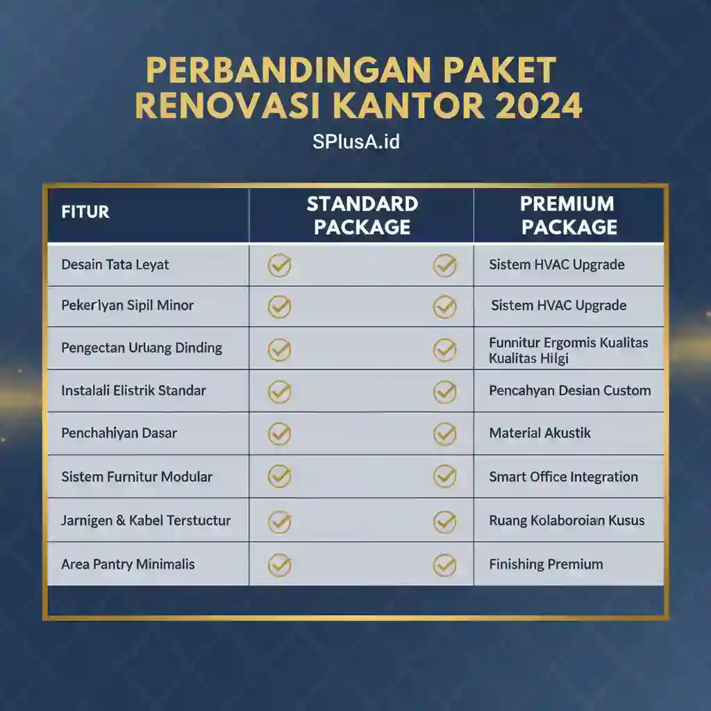 tabel infografis yang membandingkan tiga tingkatan paket renovasi kantor (Basic, Standard, Premium)-kontraktor interior splusa.id tabel infografis yang membandingkan tiga tingkatan paket renovasi kantor (Basic, Standard, Premium)-kontraktor interior splusa.id