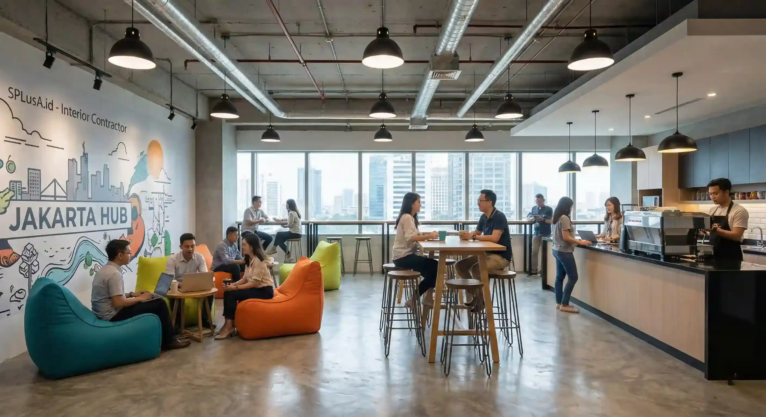 Area santai dan kolaborasi di kantor modern Jakarta -Kontraktor Interior Jakarta Pusat SPLusA.id Area santai dan kolaborasi di kantor modern Jakarta -Kontraktor Interior Jakarta Pusat SPLusA.id