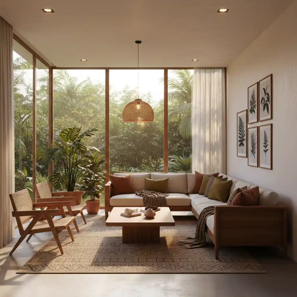 Contoh hasil desain interior blender ruang tamu modern tropis dengan pencahayaan alami yang realistis-kontraktor interior jakarta terpercaya splusa.id