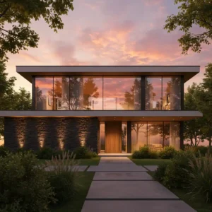 Contoh hasil render eksterior rumah modern minimalis dengan pencahayaan dramatis sore hari-jasa kontraktor interior jakarta splusa.id