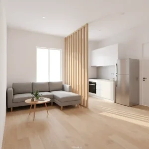 Desain 3D interior rumah type 36 konsep open plan ruang tamu dan dapur-kontraktor interior jakarta terpercaya splusa.id