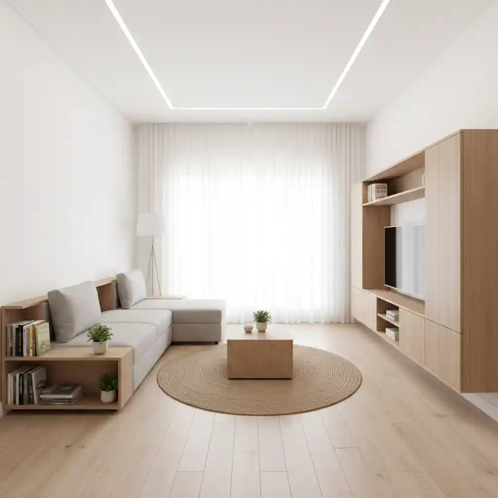 Desain 3d rumah minimalis type 36 ruang tamu dengan penataan furnitur cerdas dan pencahayaan alami-kontraktor interior jakarta terpercaya splusa.id